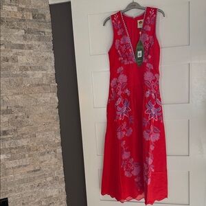 FARM Rio Red and Blue Floral Midi Dress